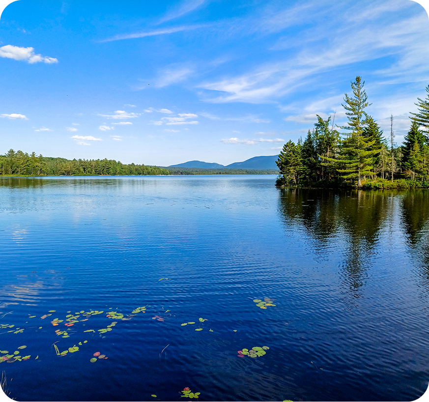 Serene lake view with distant mountains.