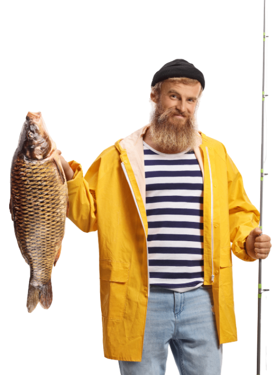 Fisherman holding large fish and fishing rod.