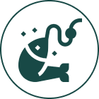 Fish and hook graphic in circle.