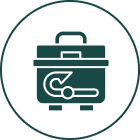 Briefcase icon with wrench inside circle.